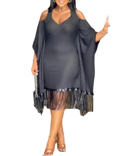 knowfashionstyle Damenkleid, lässig, Midi-Länge, Fransenkleid, Übergröße, Pailletten, Fledermausärmel, Quastensaum, Wickelkleider, A - Schwarz...