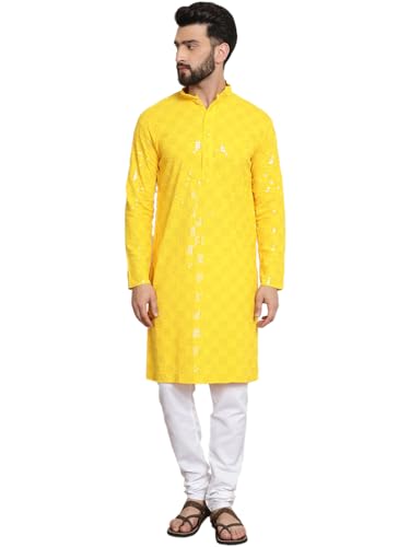 Image of SOJANYA (Since 1958 Men's Cotton Embroidered Sequinned Kurta With white churidar Pyjama