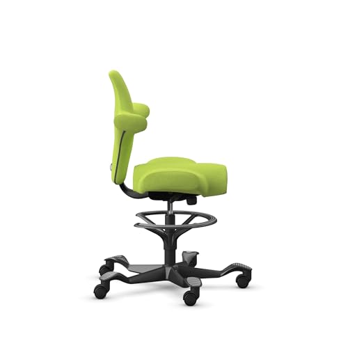 Image of HAG Capisco Sit to Stand Chair-Black Frame-Upholstered Bright Green-with Foot Ring