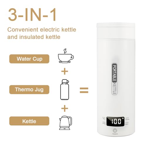 MINI Elektrische Reise Wasserkocher für Unterwegs,450ML Edelstahl Reise Wasserkocher Tragbarer,220V/300W Portable Kettle Mobile, mit Automatischer Abschaltung/Temperatureinstellung, für Tee, Kaffee
