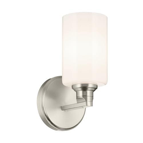 Image of Kichler Gioe 5 inch 1-Light Wall Sconce with Opal Glass in Brushed Nickel, Damp Rated, for Powder Room, Bathroom, Kitchen, Hallway, Bedroom, Fireplace, (5 inch W x 9.5 inch H), 55224NI