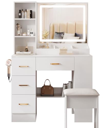 BEHOMHAZQ Dressing Table with Mirror and Stool: Vanity Desk with Mirror and Drawers, Open Shelves, White Vanity Dressing Table for Bedroom with Led Light, 3 Color Light & Adjustable Brightness