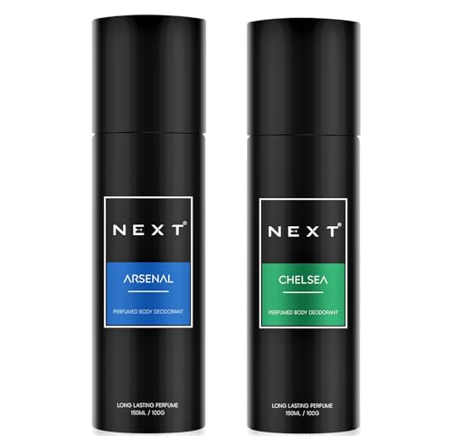 Image of Next Care Arsenal & Chelsea Perfumed Body Deodorant Spray for Men & Women | Long Lasting Fragrance Deo | 150ml Each (Pack of 2) | Woody, Smokey & Fresh Floral Notes