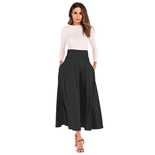 Bolivelan Women's Pleated A Line Casual Flowy Dress High Waist Midi Skirt with Pockets (M, Black)