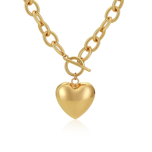 Chunky Paperclip Chain Heart Necklace for Women, Puffy Gold Heart Pendant Necklaces Gifts On Birthday Holidays for Women