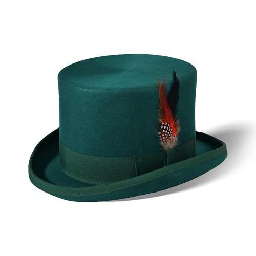 Willheoy Wool Top Hat for Men Satin Lined Topper Hat Black Mens Tall Tophat Christmas Costume Cap (Green Large)