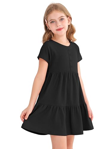 Girls Waffle Knit Button Detail Tiered Dresses Short Sleeve Casual Sun Beach Dress3