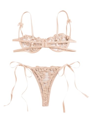 Image of Lilosy Sexy Tie Side Cute Underwire Push Up Strappy Embroidered Mesh Sheer Lingerie Set