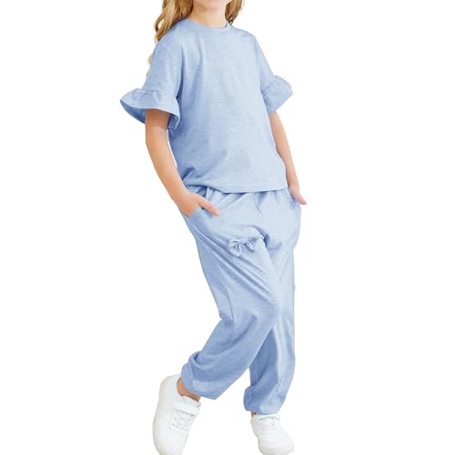 Image of Kids Girls Outfits Ruffle Sleeve T-Shirt Pants Set 2Piece 4-13 Years