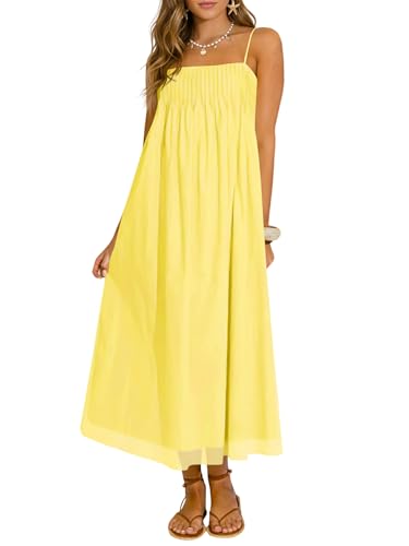 Wenrine Womens Summer Boho Maxi Dresses Spaghetti Straps Chiffon Casual Sundress Beach Vacation Long Dress with Pockets Yellow