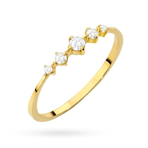 💎 Cinque scintillii di zirconia La disposizione graduata delle cinque pietre assicura una riflessione della luce vivace e porta un sottile, moderno splendore al dito.