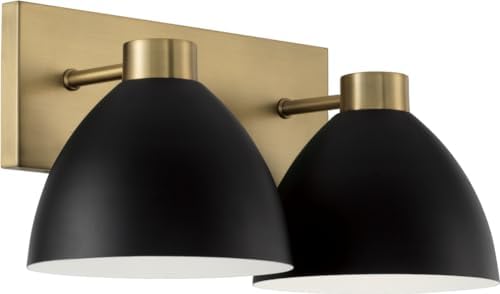 HomePlace by Capital Lighting 152021AB Ross Modern Luxe Art Deco Mid-Century Matte Black Metal Cone Bath Vanity Wall Light, 2-Light 200 Total Watts, 8" H x 17" W, Aged Brass and Black