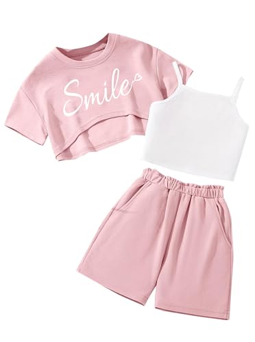 Image of Hilinker Girls 3 Piece Summer Outfits Graphic Crop Tee and Cami Top with Shorts Set