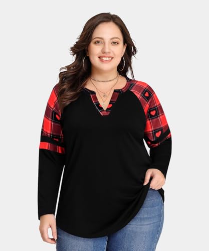 Image of CARCOS Plus Size Tops for Women Long Sleeve Fall Tunic Color Block Camo /Plaid /Leopard /Fall Blouse Crewneck Tshirt XL-5XL