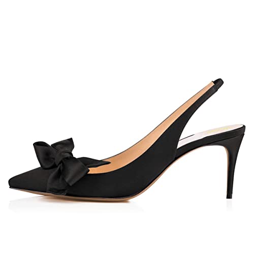 LEMUTISME Women's Elegant Satin Closed Pointed Toe Heel Sandals Sexy Slingback Slip on Dress Pumps Shoes with Bow for Evening Prom2