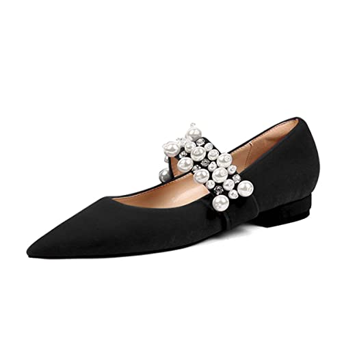 XYD Women's Pointed Toe Velvet Flats Pearl Strap Beaded Mary Janes Stylish Retro Party Dress Shoes