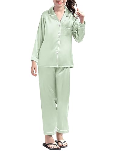 Umeyda Girls & Womens Pajamas Set, Satin Silky Sleepwear 2 Pieces Comfy Button-Down Pjs Long Sleeve + Pants Outfits for Mom2