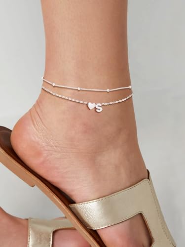 Image of SILVERCUTE Silver Anklets for Women, Waterproof Initial Heart Ankle Bracelets Sterling Silver, Adjustable Layered Foot Jewelry Summer Beach Fashion with Personalized Name Design, Gift Package