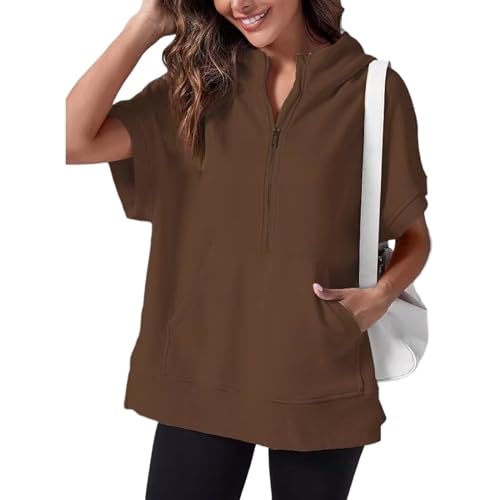 Sweatshirt demi-zip oversize manches courtes sweat pull femme marron S