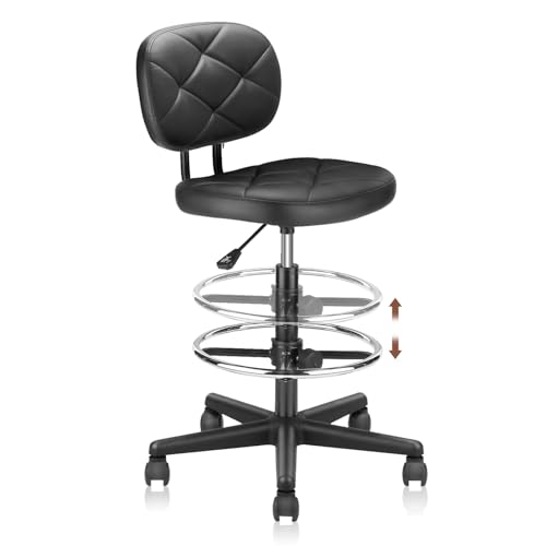Image of KLASIKA Leather Drafting Stool Chair with Ergonomic Backrest & Footrest, Padded Seat Adjustable Height 360 Swivel Rolling Stools, Tall Office Chair for Standing Desk, Shop, Drawing, Work, Black