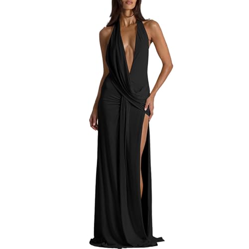 Loidumv Women Deep V Neck Halter Maxi Dress Backless Ruched High Split Cocktail Formal Prom Gown Wedding Guest Dress(Black,S)