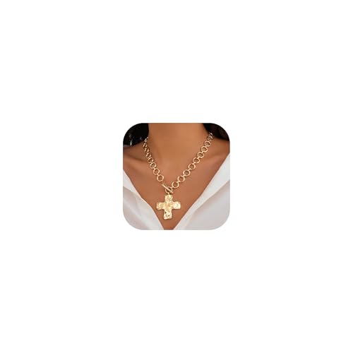 JAVARNV Chunky Cross Necklace for Women Chunky Gold Necklace Statement Cross Pendant Vintage Toggle Clasp Necklace Jewelry for Women