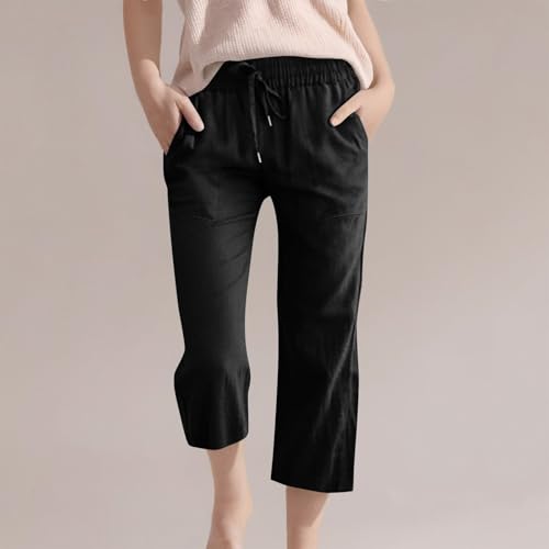 Girls 3/4 Linen Straight Wide Leg Pants Baggy Solid Color High Elastic Waist Trousers Lightweight Pants with Pockets3
