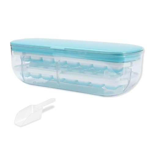 Ice Cube Tray Ice Cube Moulds with Lid Ice Tray with Storage Bin - Making 64 pcs Ice Cubes Easy Press to Release Ice - 2 Trays 1 Ice Bucket & Scoop for Freezer Cocktail Whiskey Coffee (Blue)