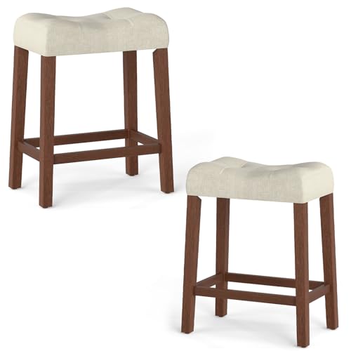 Image of Giantex 24 inch Bar Stools Set of 2, Upholstered Counter Height Saddle Bar Stools with Footrest and Wood Legs, Farmhouse Button Tufted Backless Barstools for Kitchen Island, Dining Room, Cafe, Beige+Brown