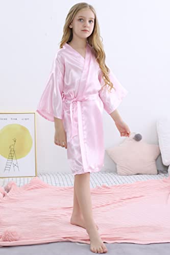 Sealinf Girls Silky Robe Kids Solid Color Kimono Sleeping Gown Bathrobe For Spa Birthday Parties Wedding Getting Ready (Pink, Tag 10) #TOP2