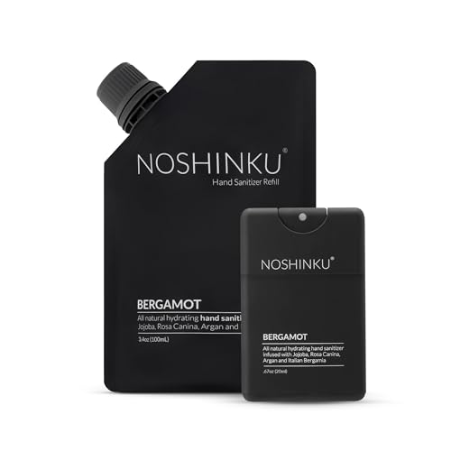 Noshinku Bergamot Pocket Hand Sanitizer Refill Kit: Refill Pouch + Sprayer Bundle | Organic Antibacterial Sanitizing Mist with Moisturizing Oils | FDA Registered | 70% Sugarcane Derived Alcohol