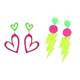 2 paires de boucles d'oreilles néon pour femmes, boucles d'oreilles néon éclair, pendentifs en acrylique en forme de cœur années 70, 80, 90, rétro colorées bonbons légères déclaratives, boucles
