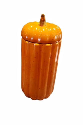 Ceramic Harvest Thanksgiving Pumpkin Cookie Candy Canister Jar Orange Brown 9.5 High by 4 Wide