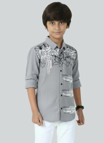 Image of Zilcon Boys Half & Half Long Sleeve Shirts Classic Collared Button-Down Tshirt Solid Cotton Letter Printed Kids & Junior Boys Shirt