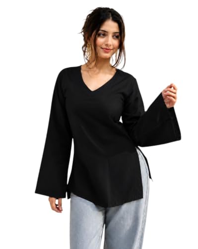 Image of Women's Cotton Short Kurti Black Solid Plain V Neck Full Bell Sleeve Casual Stylish Short Kurta for Women for Jeans Daily Girl Top