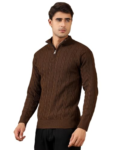 Image of Kvetoo Men's Wool High Neck Zipper Sweater, Full Sleeve Cable Knit Quarter Zip Winter Pullover