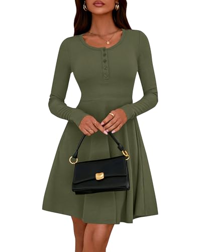 Image of BTFBM Casual Fall Dresses for Women 2025 Long Sleeve Ribbed Button Down Empire Waist A Line Winter Wedding Guest Dress