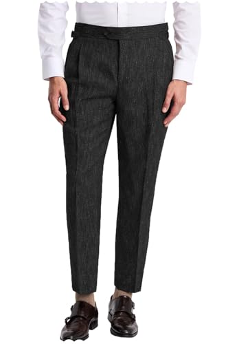 Men's Classic Flat Front Dress Pant Slim Fit Herringbone Tweed Straight Trousers
