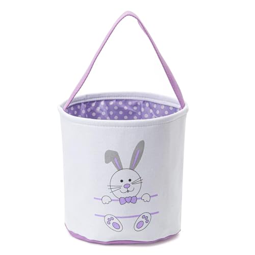 Image of Easter Bucket, Canvas Easter Bunny Basket, Bunny Face Print Basket, Easter Basket with Handle for Easter Egg Hunts for Easter Party Gifts (Purple)