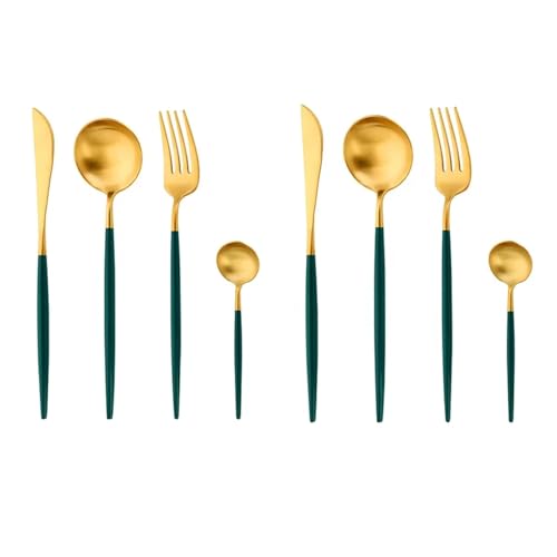 Image of aDai Premium Gold SUS304 Stainless Steel Cutlery Set - 4 Spoons, 2 Fork, 2 Steak Knife - Mirror Finish Dinnerware Flatware (Green - Set of 8)