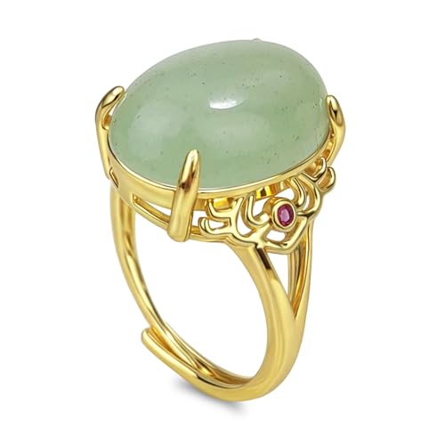 TSdiyART Green Jade Ring, Healing Crystal Natural Green Stone Ring Jade Jewelry for Women Men, Dainty Adjustable Gold Plated Gemstone Rings