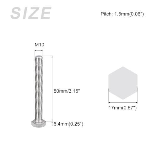 Image of METALLIXITY Hex Bolts (M10-1.5x80mm) 6Pcs, 304 Stainless Steel Coarse Fully Threaded Hex Head Screw Bolt Machine Screws - for Furniture Repair, Silver