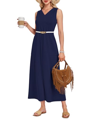MISFAY Sleeveless Maxi Dress V-Neck Wrinkle-Free Sundress Navy Blue — view 2