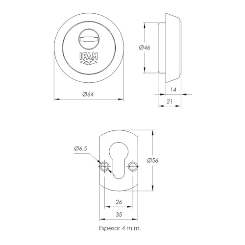 IFAM Escudo Cerraduras ES610, Sistema Protección Anti Mordaza, Antiextractor y Antitaladro, Placa de Acero, Color Latón