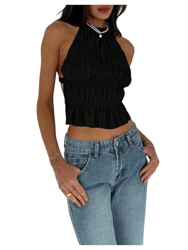 MakeMeChic Women's Open Back Halter Top Sleeveless Tie Backless