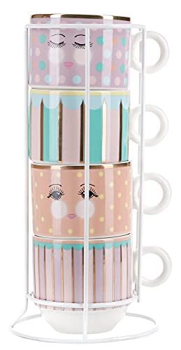 Miss Etoile Lot de 4 tasses à café empilables avec détails dorés