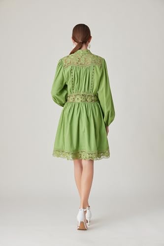 Image of LAI MENG FIVE CATS Women's V-Neck Elegant Lace Long Sleeve Lantern Sleeve Button up Casual Mini Dress