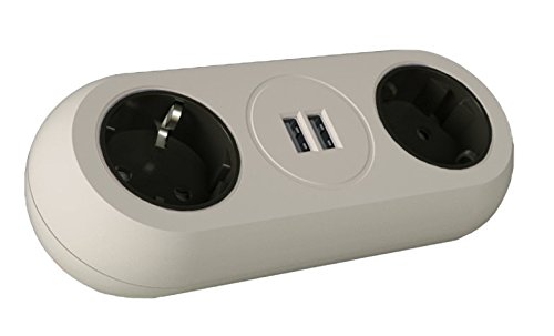 SIL  Enchufe con 2 USB, regleta con 2 USB, 1 pinza de fijación, goma, Blanco