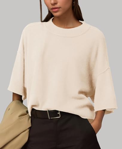 ZDC Women's Oversized Sweaters Summer 3/4 Sleeve Casual Cropped Tops Lightweight Loose Fit Knit Pullover2