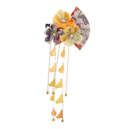 Healvian 和風手作り髪飾り 黄色タッセル付き花クリップ 軽量で安定した着用感 伝統的な扇子デザインの和服用ヘアアクセサリー 女性向けパ